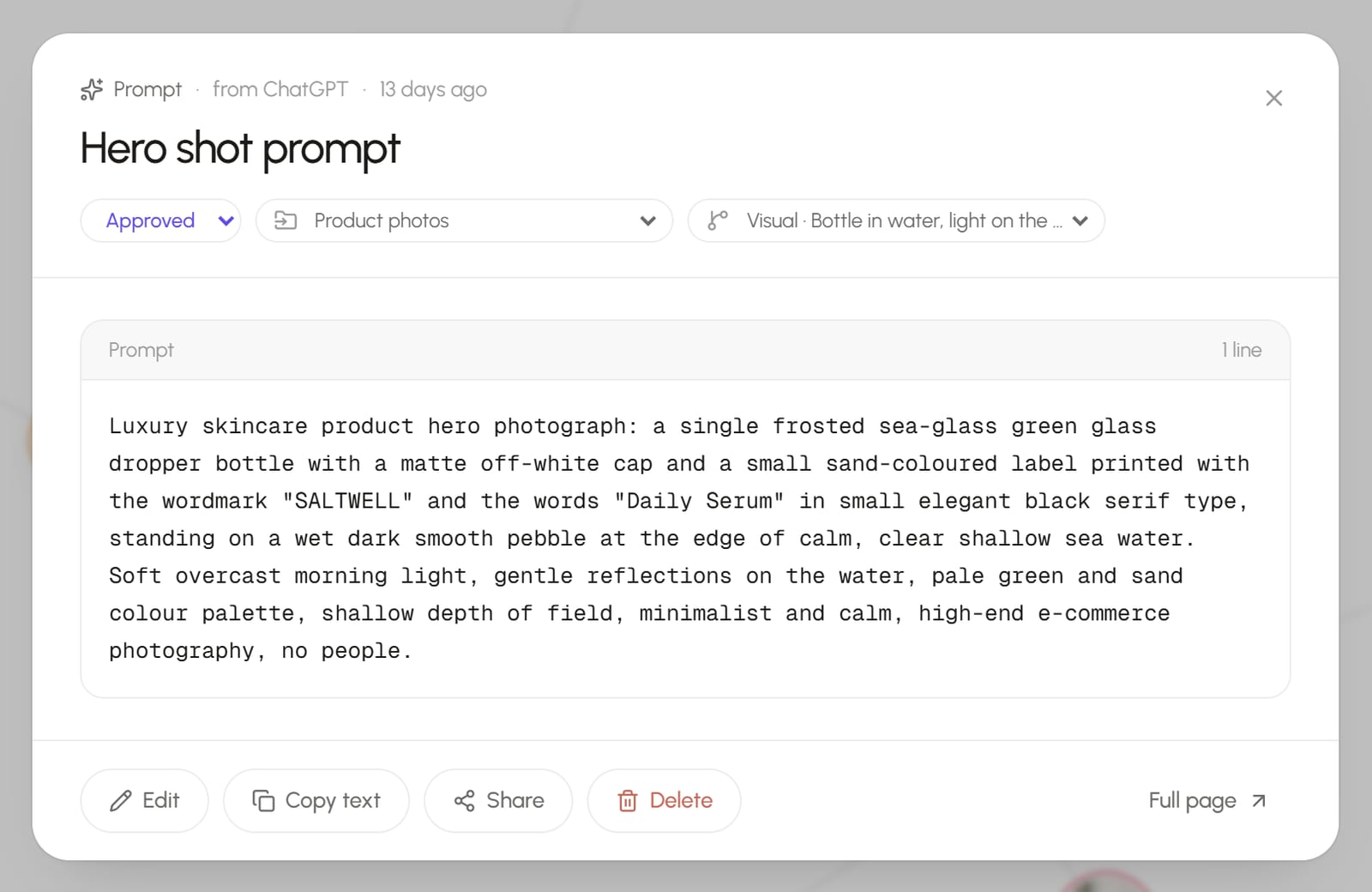 A saved prompt in Seylo, marked Approved, filed under Product photos, showing the reference it was made from and the full text of the prompt.