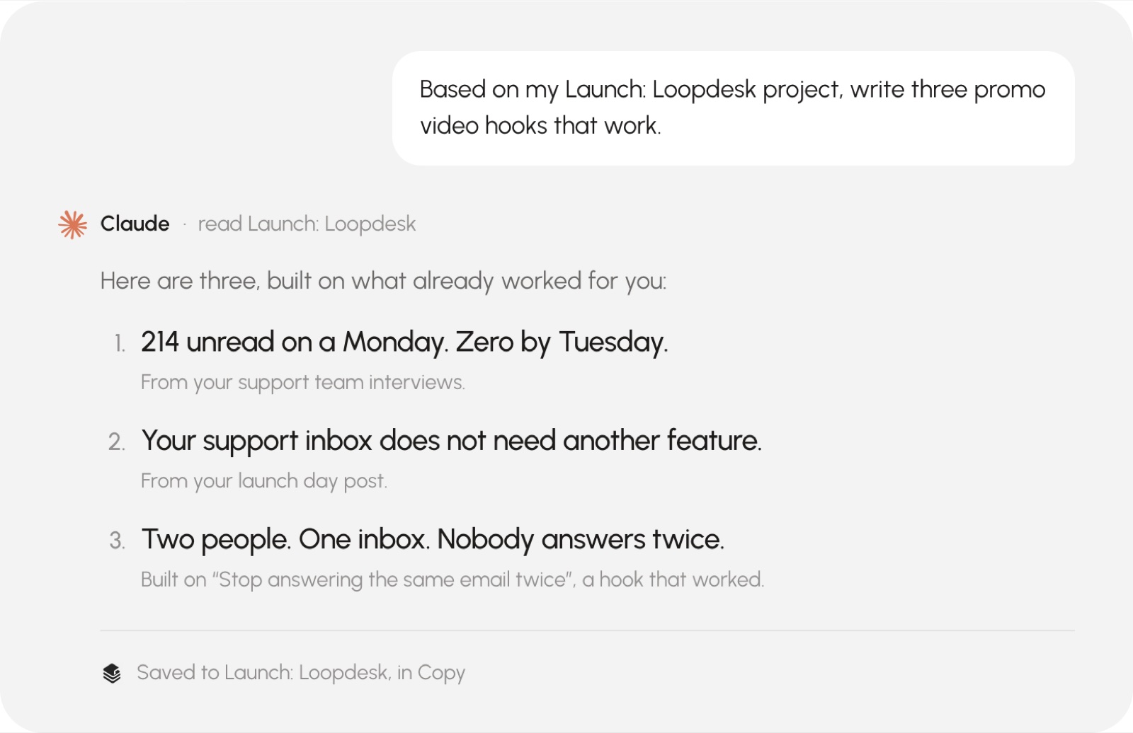 Claude answering a question after reading the Launch: Loopdesk project in Seylo, each answer naming where it came from.