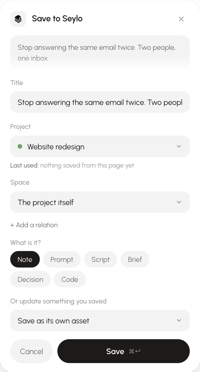 The Save to Seylo panel over a page: the selected text, a title, the project Website redesign, the space, and what kind of thing it is.